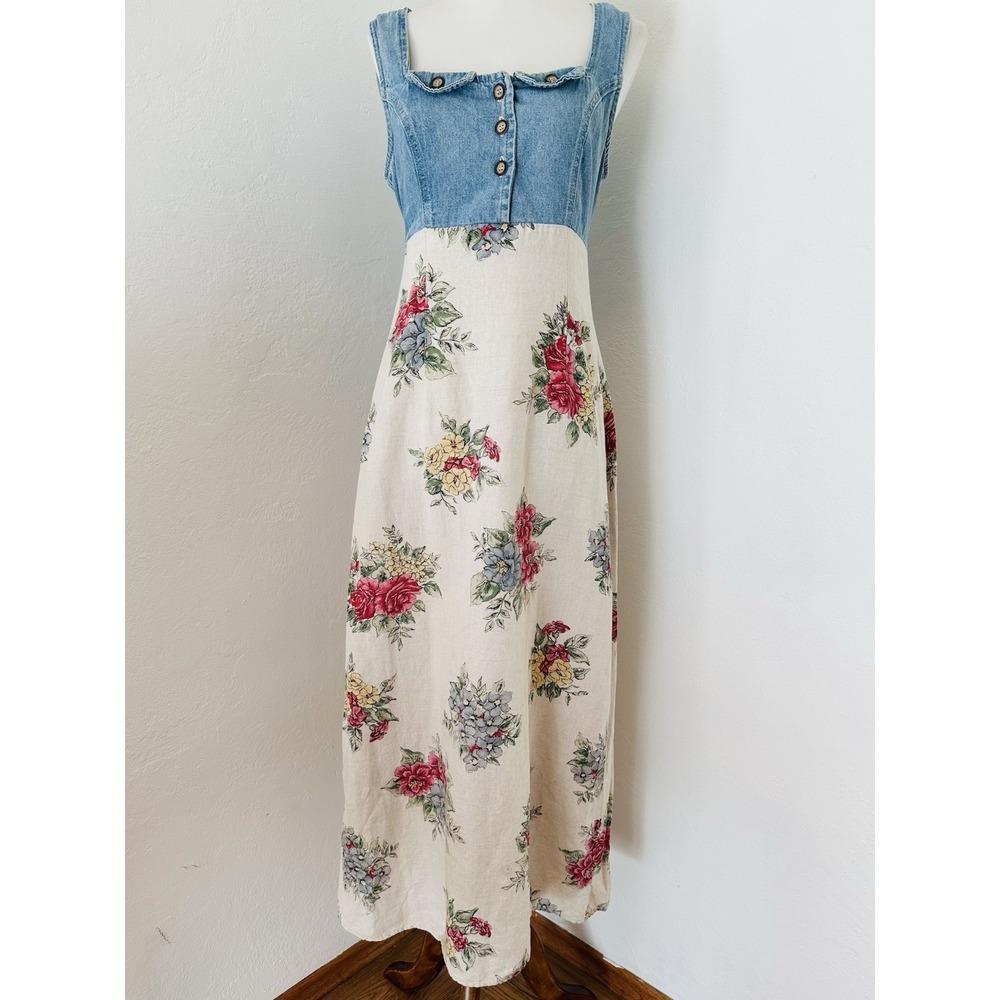 VTG Triangle Blues Denim Floral Maxi Dress Sz 9 Made USA Cottagecore 90s - Picture 1 of 16